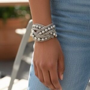 Silver Tone Boho Multi Strand Beaded Cuff Bracelet Wide Statement